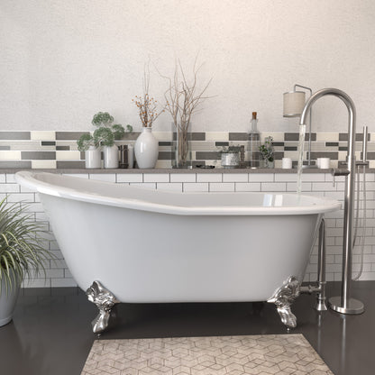 Cast Iron Slipper Clawfoot Tub 67" X 30" with no Faucet Drillings and Complete Brushed Nickel Modern Freestanding Tub Filler with Hand Held Shower Assembly Plumbing Package