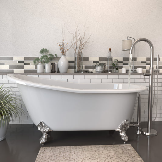Cast Iron Slipper Clawfoot Tub 67" X 30" with no Faucet Drillings and Complete Brushed Nickel Modern Freestanding Tub Filler with Hand Held Shower Assembly Plumbing Package