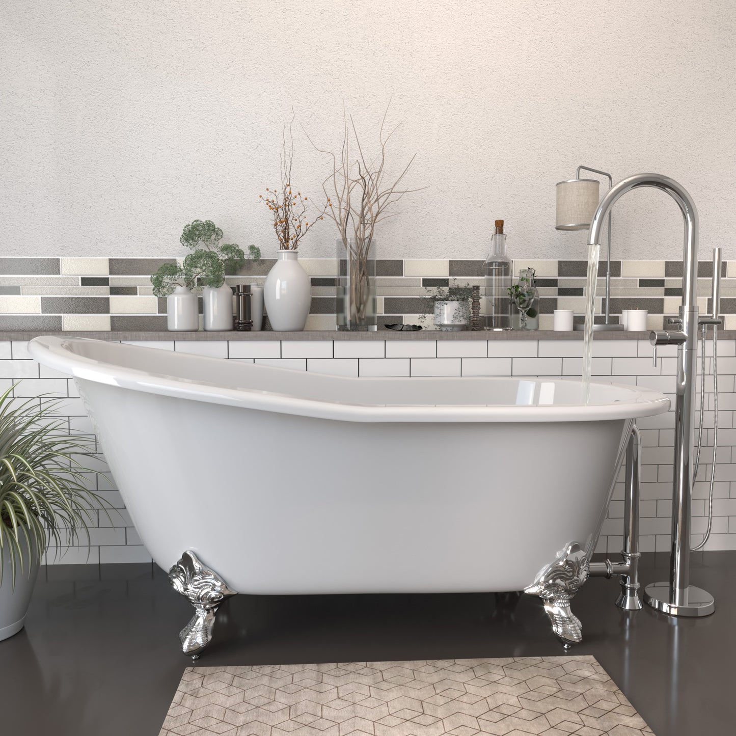 Cast Iron Slipper Clawfoot Tub 67" X 30" with no Faucet Drillings and Complete Polished Chrome Modern Freestanding Tub Filler with Hand Held Shower Assembly Plumbing Package