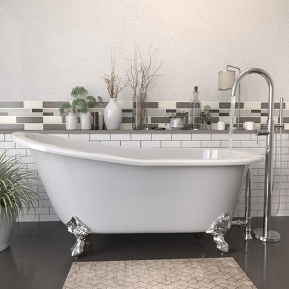 Cast Iron Slipper Clawfoot Tub 67" X 30" with no Faucet Drillings and Complete Polished Chrome Modern Freestanding Tub Filler with Hand Held Shower Assembly Plumbing Package
