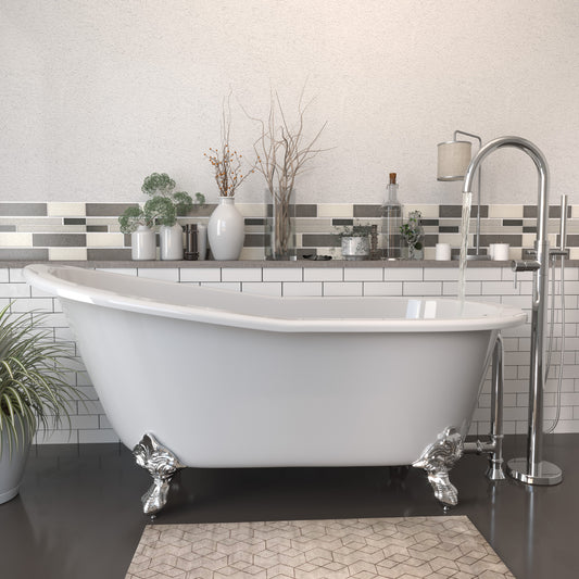 Cast Iron Slipper Clawfoot Tub 67" X 30" with no Faucet Drillings and Complete Polished Chrome Modern Freestanding Tub Filler with Hand Held Shower Assembly Plumbing Package