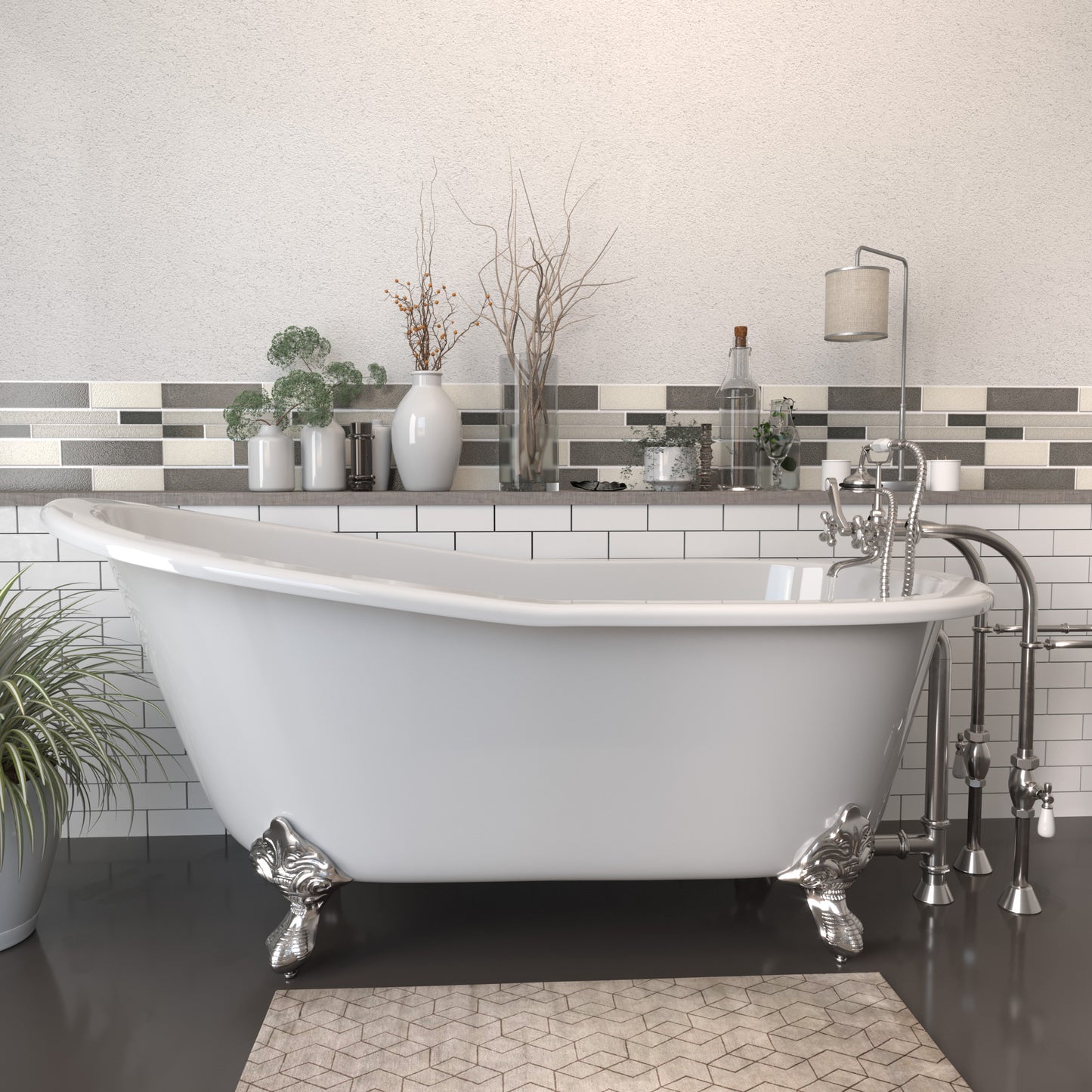Cast Iron Slipper Clawfoot Tub 67" X 30" with No Faucet Drillings and Complete Free Standing British Telephone Faucet and Hand Held Shower  Brushed Nickel Package