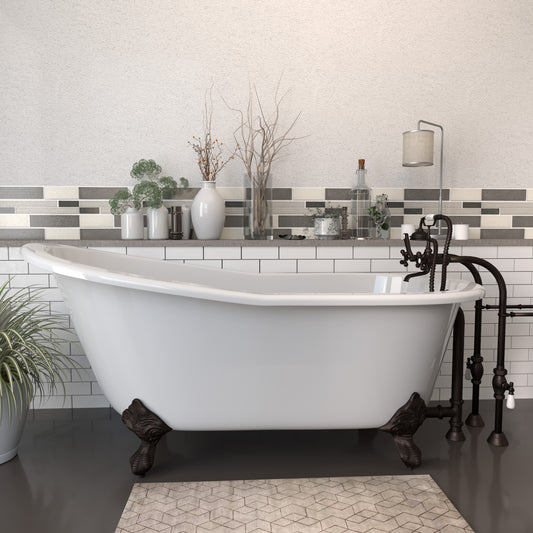 Cast Iron Slipper Clawfoot Tub 67" X 30"with No Faucet Drillings and Complete Free Standing British Telephone Faucet and Hand Held Shower  Oil Rubbed Bronze Package
