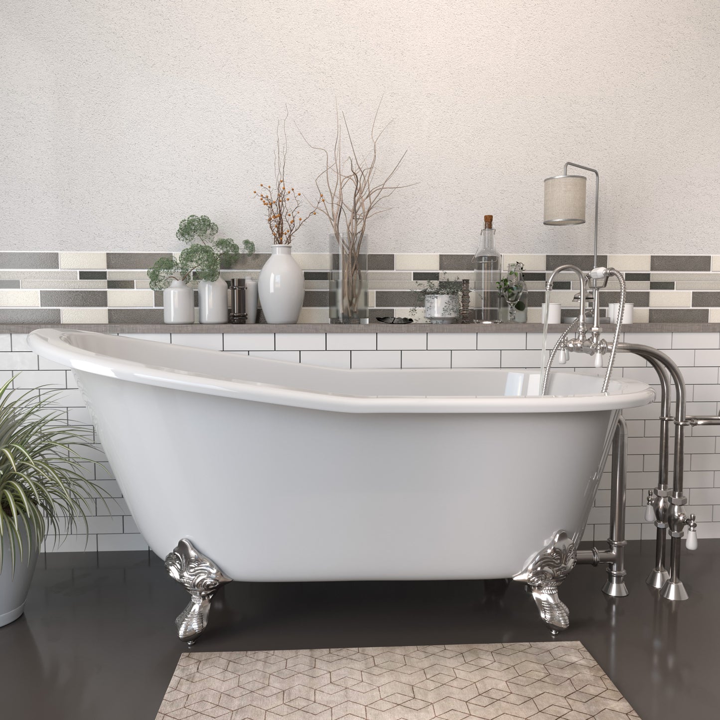 Cast Iron Slipper Clawfoot Tub 67" X 30" with no Faucet Drillings and Complete Brushed Nickel Free Standing English Telephone Style Faucet with Hand Held Shower Assembly Plumbing Package