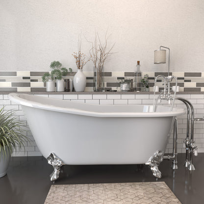 Cast Iron Slipper Clawfoot Tub 67" X 30" with no Faucet Drillings and Complete Polished Chrome Free Standing English Telephone Style Faucet with Hand Held Shower Assembly Plumbing Package