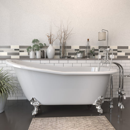 Cast Iron Slipper Clawfoot Tub 67" X 30" with no Faucet Drillings and Complete Polished Chrome Free Standing English Telephone Style Faucet with Hand Held Shower Assembly Plumbing Package