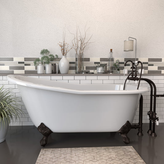Cast Iron Slipper Clawfoot Tub 67" X 30" with no Faucet Drillings and Complete Oil Rubbed Bronze Free Standing English Telephone Style Faucet with Hand Held Shower Assembly Plumbing Package