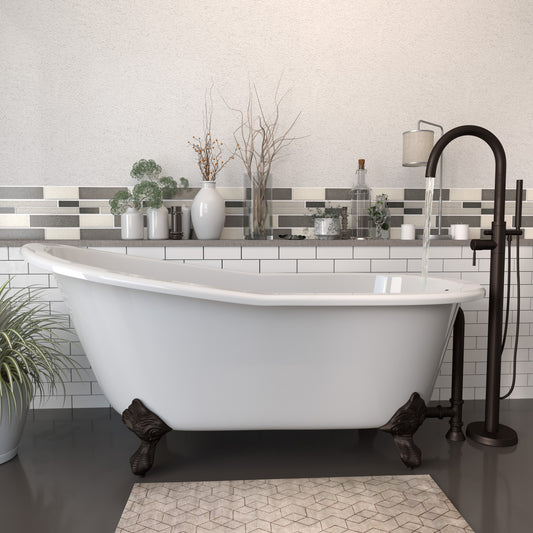Cast Iron Slipper Clawfoot Tub 67" X 30" with no Faucet Drillings and Complete Oil Rubbed Bronze Modern Freestanding Tub Filler with Hand Held Shower Assembly Plumbing Package