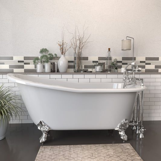 Cast Iron Slipper Clawfoot Tub 67" X 30" with  7" Deck Mount Faucet Drillings and Complete Brushed Nickel Plumbing Package