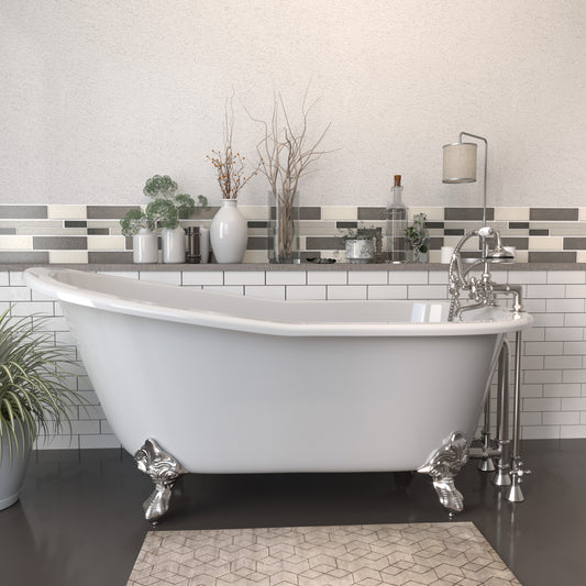 Cast Iron Slipper Clawfoot Tub 67" X 30" with  7" Deck Mount Faucet Drillings and Complete Polished Chrome Plumbing Package