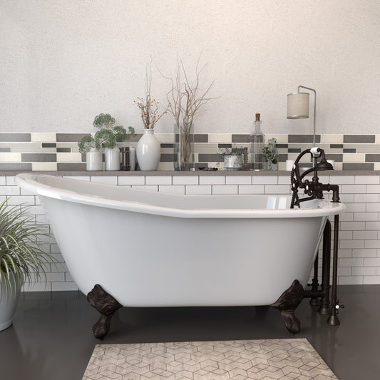 Cast Iron Slipper Clawfoot Tub 67" X 30" with  7" Deck Mount Faucet Drillings and Complete Oil Rubbed Bronze Plumbing Package