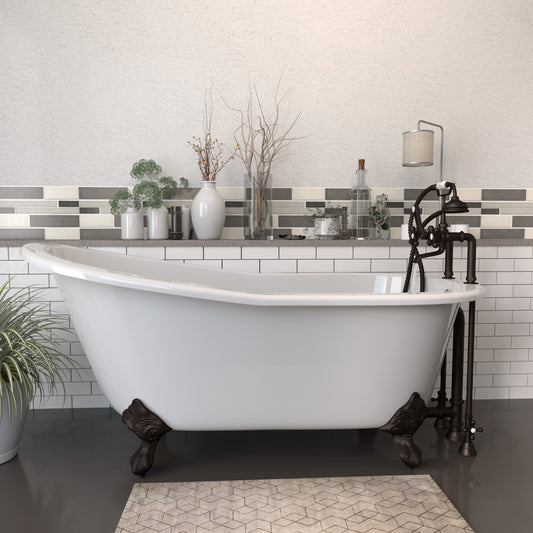Cast Iron Slipper Clawfoot Tub 67" X 30" with 7" Deck Mount Faucet Drillings and British Telephone Style Faucet Complete Oil Rubbed Bronze Plumbing Package With Six Inch Deck Mount Risers