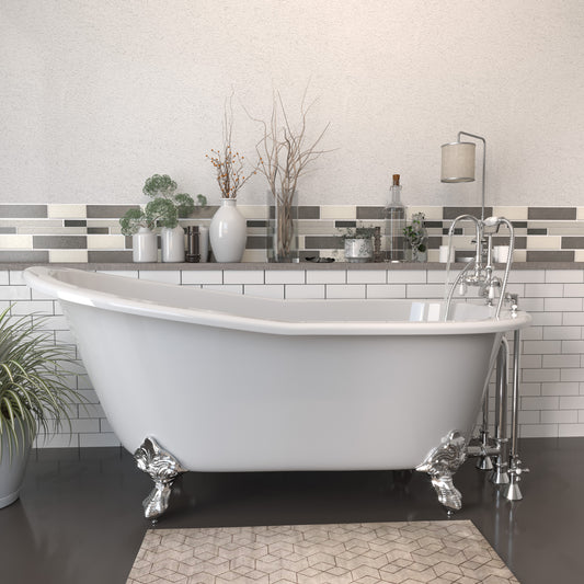 Cast Iron Slipper Clawfoot Tub 67" X 30" with 7" Deck Mount Faucet Drillings and English Telephone Style Faucet Complete Polished Chrome Plumbing Package