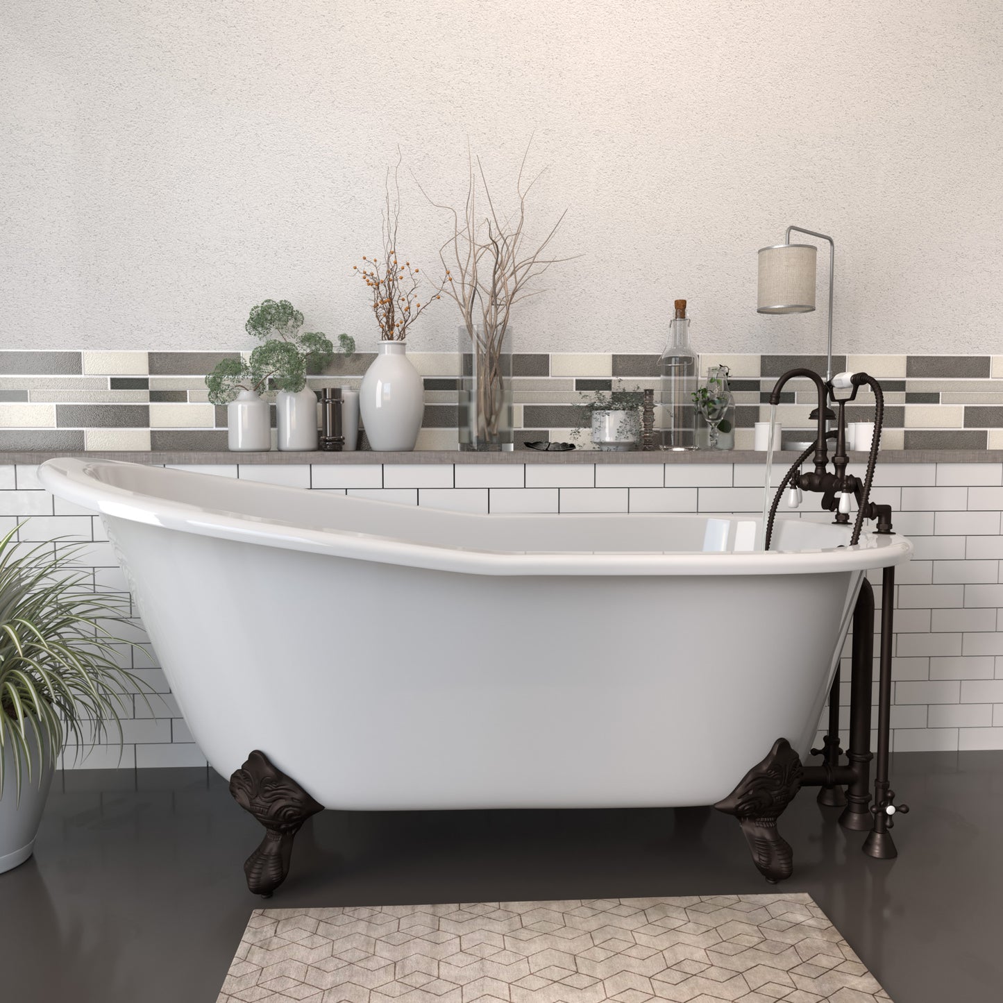 Cast Iron Slipper Clawfoot Tub 67" X 30" with 7" Deck Mount Faucet Drillings and English Telephone Style Faucet Complete Oil Rubbed Bronze Plumbing Package
