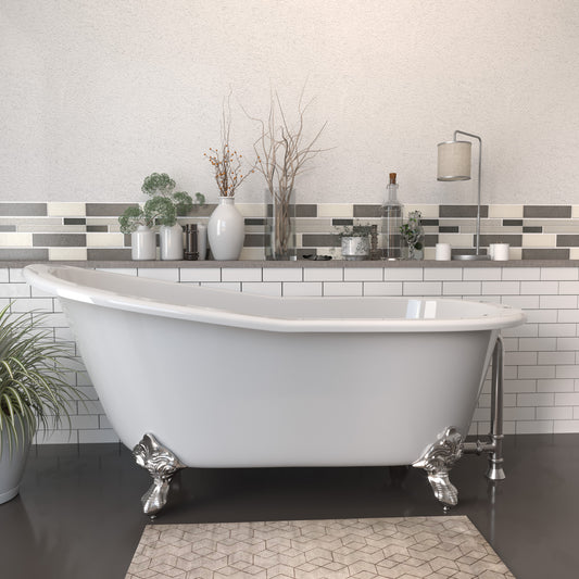 Cast Iron Slipper Clawfoot Tub 67" X 30" with 7" Deck Mount Faucet Drillings and Brushed Nickel Feet