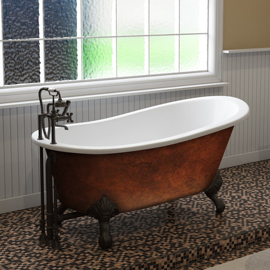 Cast IronClawfoot Bathtub 67" X 30" Faux Copper Bronze Finish on Exterior with 7" Deck Mount Faucet Drillings and Oil Rubbed Bronze Feet
