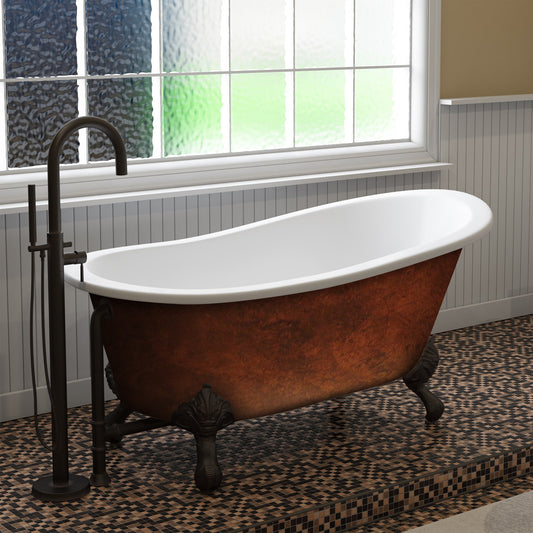 Cast IronClawfoot Bathtub 67" X 30" Faux Copper Bronze Finish on Exterior with No Faucet Drillings and Oil Rubbed Bronze Feet