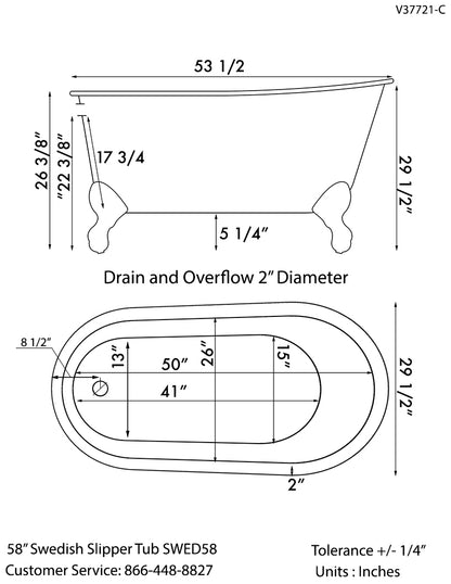 Cast Iron Swedish Slipper Tub 54" X 30" with no Faucet Drillings and Complete Polished Chrome Modern Freestanding Tub Filler with Hand Held Shower Assembly Plumbing Package