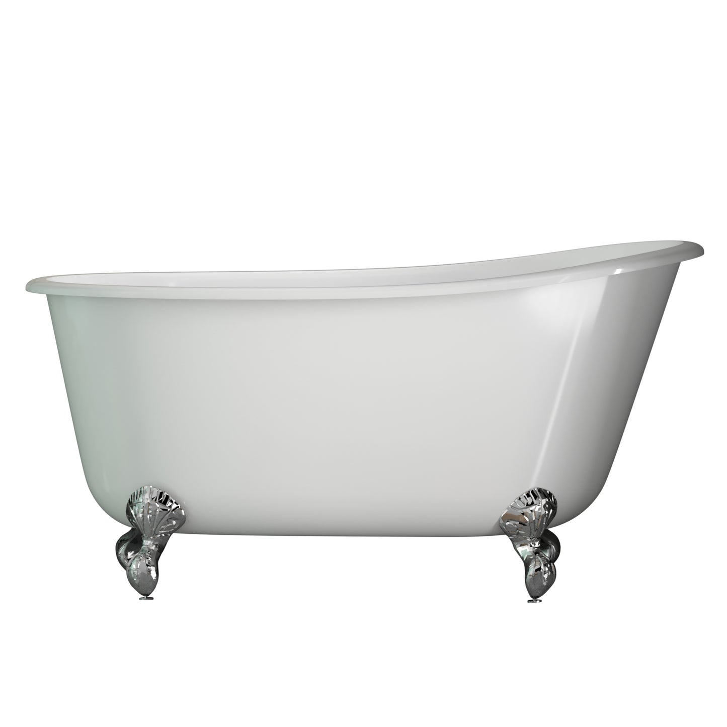 Cast Iron Swedish Slipper Tub 58" X 30" with No Faucet Drillings and Polished Chrome Feet