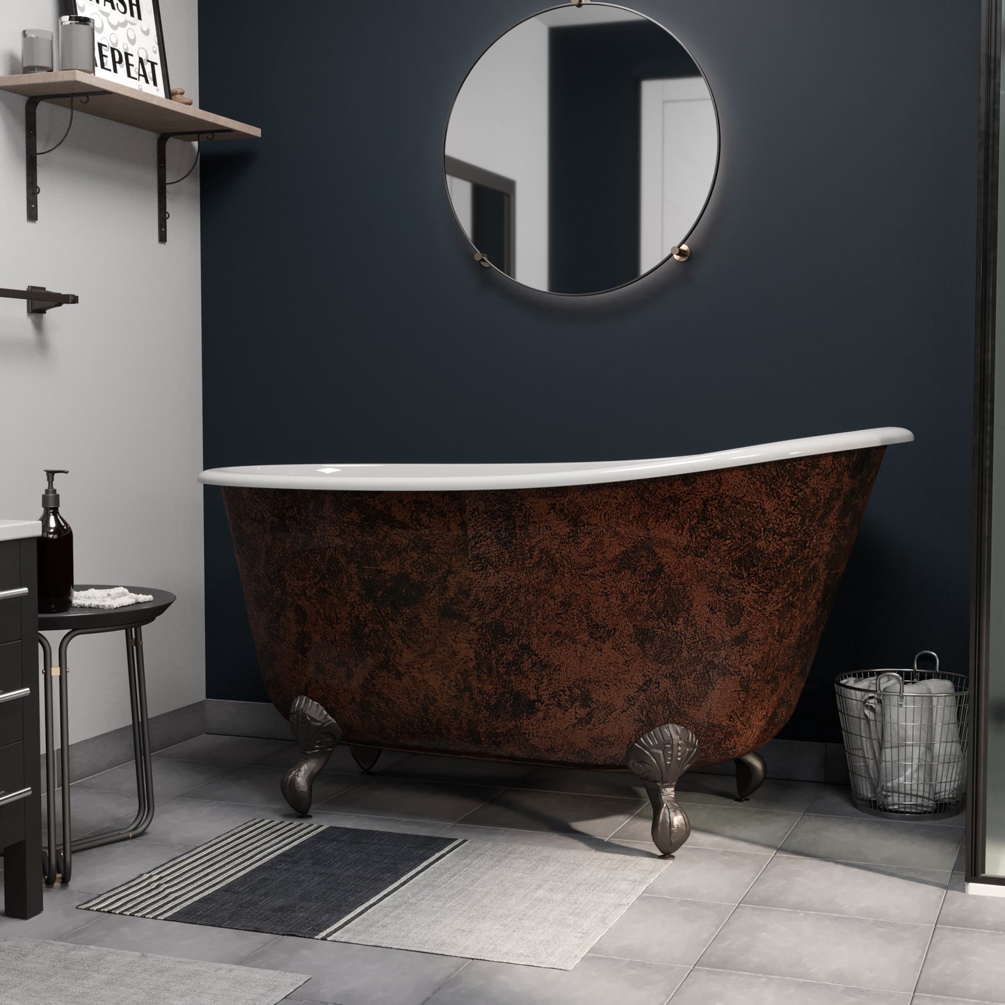 Cast IronClawfoot Bathtub 58" X 30" Faux Copper Bronze Finish on Exterior with No Faucet Drillings and Oil Rubbed Bronze Feet