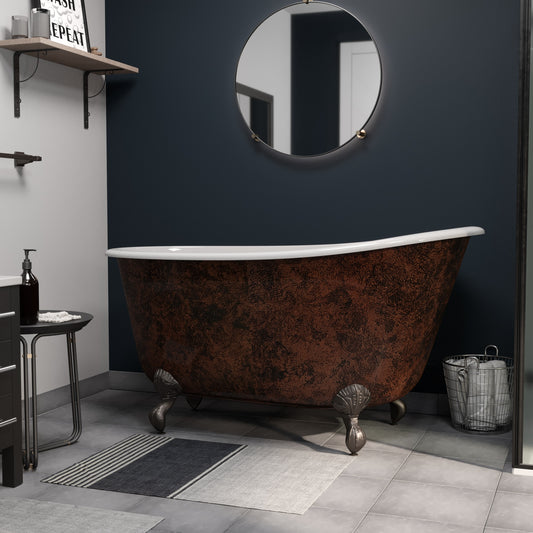 Cast IronClawfoot Bathtub 58" X 30" Faux Copper Bronze Finish on Exterior with No Faucet Drillings and Oil Rubbed Bronze Feet