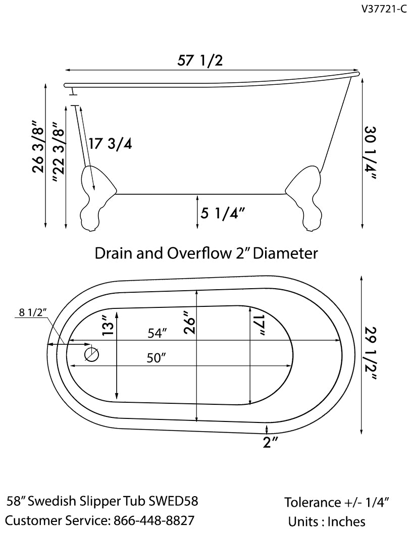 Cast Iron Swedish Slipper Tub 58" X 30" with No Faucet Drillings and Polished Chrome Feet