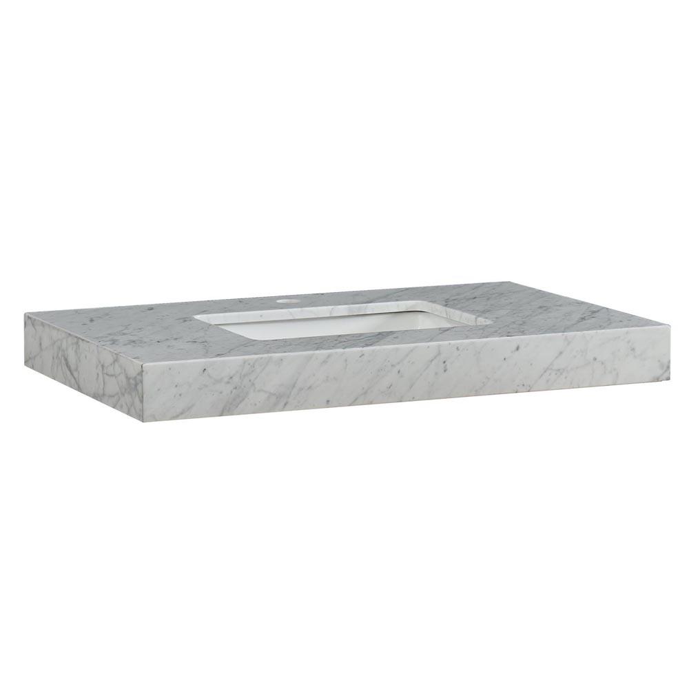 36" x 23" x 3.5" Carrara White Marble Top with Single Sink, Undermount White Rectangular Ceramic (1-hole)
