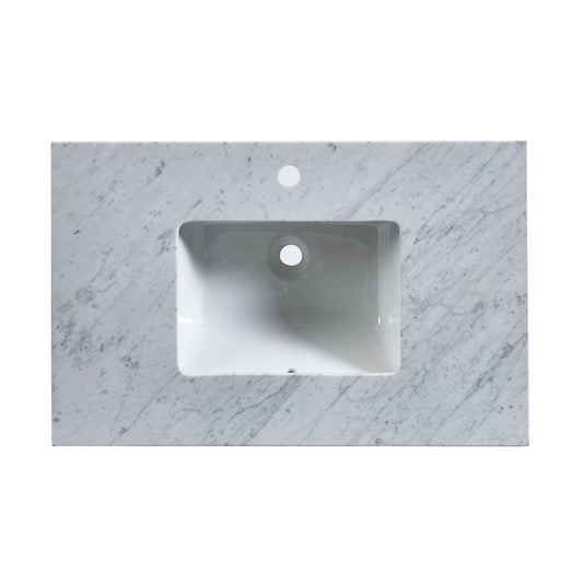 36" x 23" x 3.5" Carrara White Marble Top with Single Sink, Undermount White Rectangular Ceramic (1-hole)