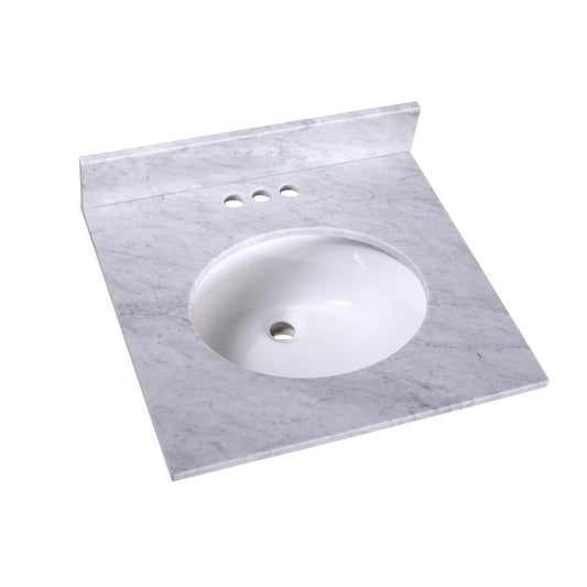 24" x 22" x 0.75" Carrara White Marble Top - 4" Backsplash, Single (Center) Oval Ceramic Sink (4"-center)