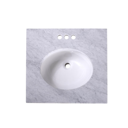 24" x 22" x 0.75" Carrara White Marble Top - 4" Backsplash, Single (Center) Oval Ceramic Sink (4"-center)