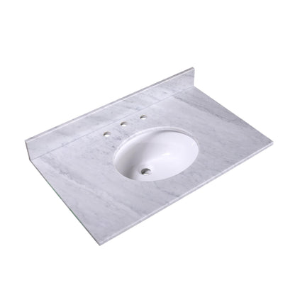 36" x 22" x 0.75" Carrara White Marble Top - 4" Backsplash, Single Oval Ceramic Sink (8" spread)