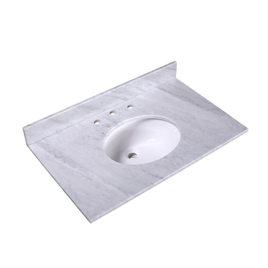 36" x 22" x 0.75" Carrara White Marble Top - 4" Backsplash, Single Oval Ceramic Sink (8" spread)