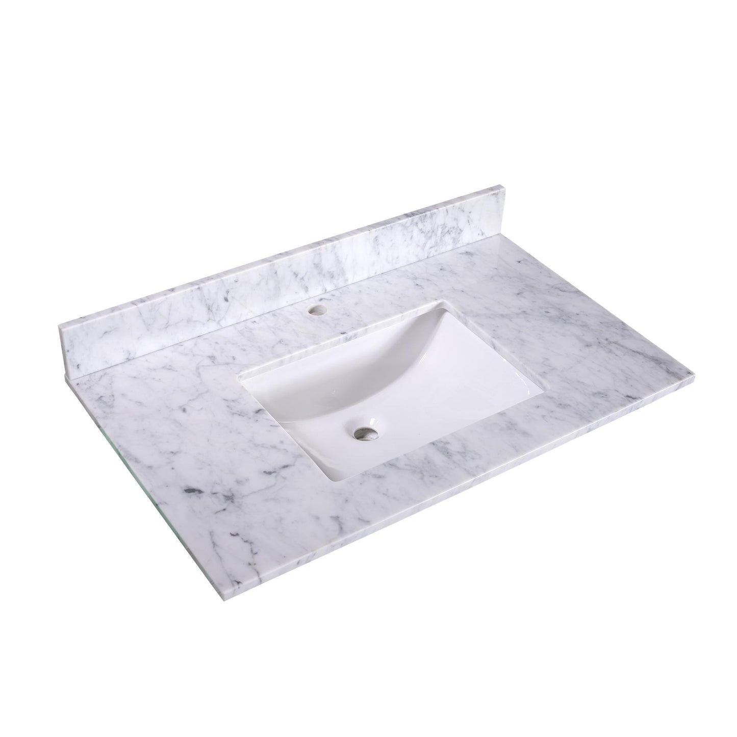 36" x 22" x 0.75" Carrara White Marble Top - 4" Backsplash, Single Rectangle Ceramic Sink (1-hole)