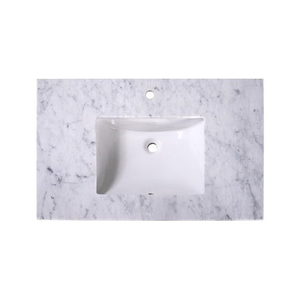 36" x 22" x 0.75" Carrara White Marble Top - 4" Backsplash, Single Rectangle Ceramic Sink (1-hole)
