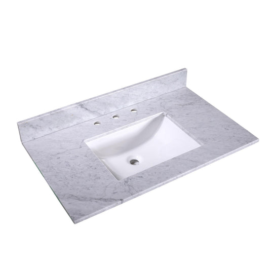 36" x 22" x 0.75" Carrara White Marble Top - 4" Backsplash, Single (Center) Rectangle Ceramic Sink (8"-spread)