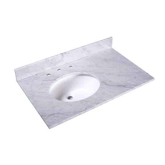 36" x 22" x 0.75" Carrara White Marble Top - 4" Backsplash, Single (Left) Oval Ceramic Sink (8"-spread)