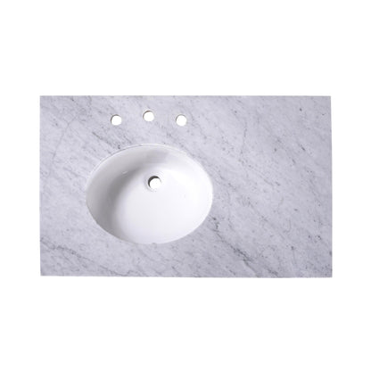 36" x 22" x 0.75" Carrara White Marble Top - 4" Backsplash, Single (Left) Oval Ceramic Sink (8"-spread)