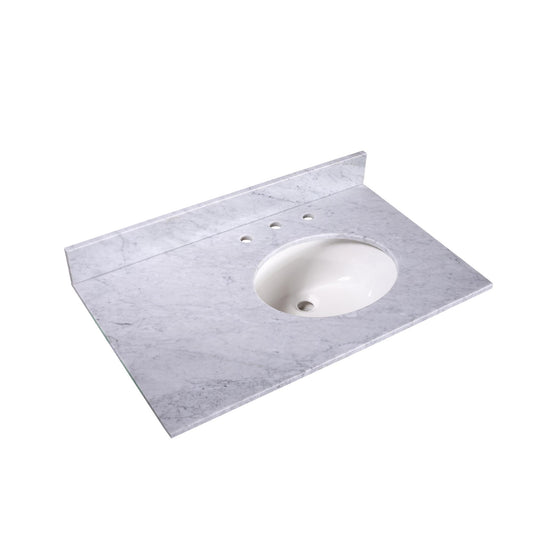 36" x 22" x 0.75" Carrara White Marble Top - 4" Backsplash, Single (Right) Oval Ceramic Sink (8"-spread)