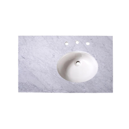36" x 22" x 0.75" Carrara White Marble Top - 4" Backsplash, Single (Right) Oval Ceramic Sink (8"-spread)
