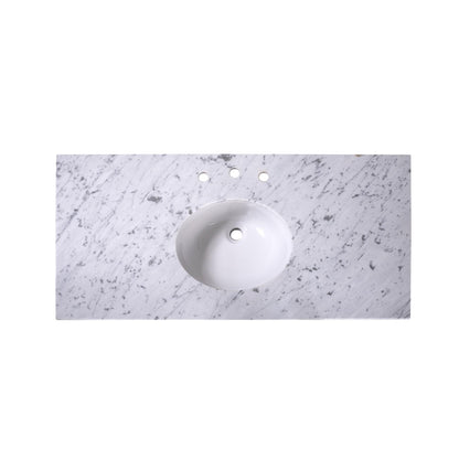 48" x 22" x 0.75" Carrara White Marble Top - 4" Backsplash, Single Oval Ceramic Sink (8" spread)