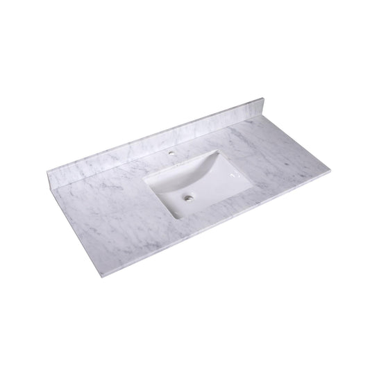 48" x 22" x 0.75" Carrara White Marble Top - 4" Backsplash, Single Rectangle Ceramic Sink (1-hole)