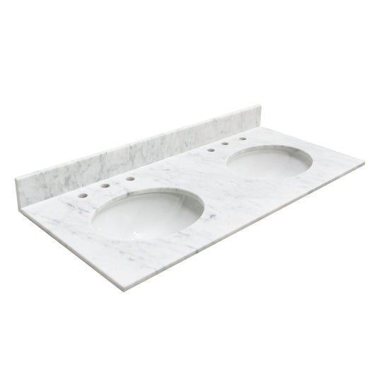 48" x 22" x 0.75" Carrara White Marble Top - 4" Backsplash, Double Oval Ceramic Sink (8" spread)