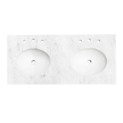 48" x 22" x 0.75" Carrara White Marble Top - 4" Backsplash, Double Oval Ceramic Sink (8" spread)