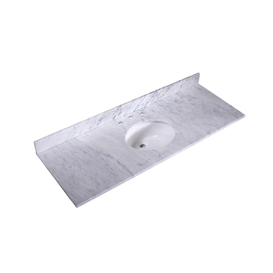 60" x 22" x 0.75" Carrara White Marble Top - 4" Backsplash, Single Oval Ceramic Sink (8" spread)