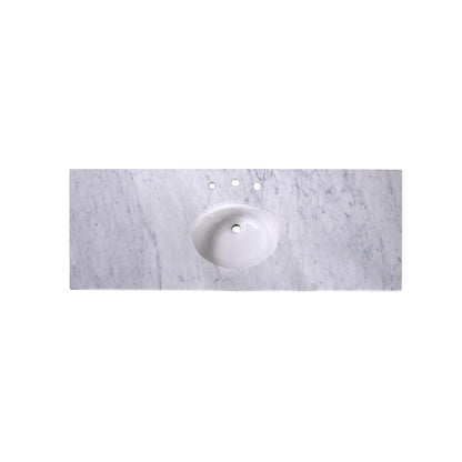 60" x 22" x 0.75" Carrara White Marble Top - 4" Backsplash, Single Oval Ceramic Sink (8" spread)
