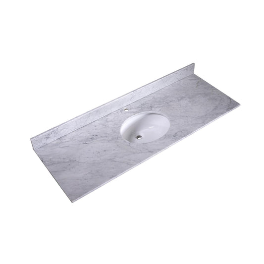 60" x 22" x 0.75" Carrara White Marble Top - 4" Backsplash, Single (Center) Oval Ceramic Sink (1-hole)