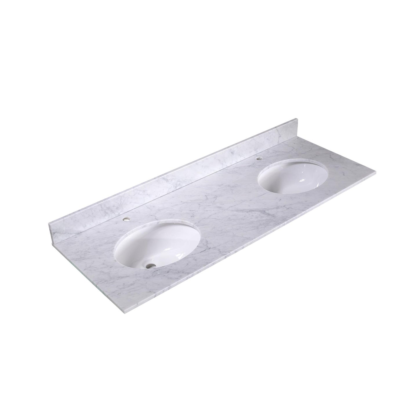 60" x 22" x 0.75" Carrara White Marble Top - 4" Backsplash, Double Oval Ceramic Sink (1-hole)