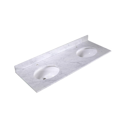 60" x 22" x 0.75" Carrara White Marble Top - 4" Backsplash, Double Oval Ceramic Sink (1-hole)