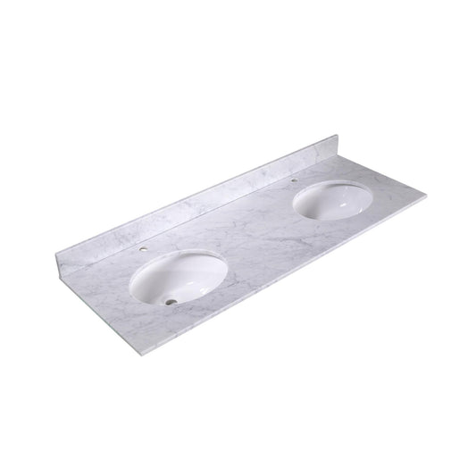 60" x 22" x 0.75" Carrara White Marble Top - 4" Backsplash, Double Oval Ceramic Sink (1-hole)
