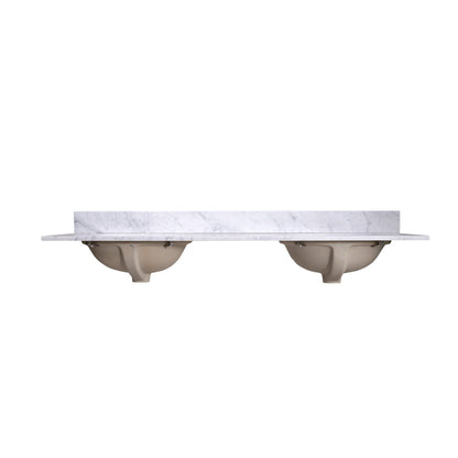60" x 22" x 0.75" Carrara White Marble Top - 4" Backsplash, Double Oval Ceramic Sink (1-hole)